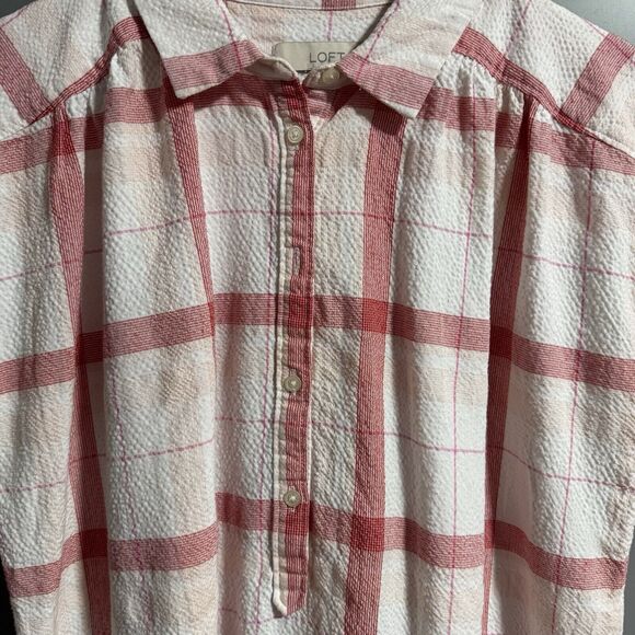 Loft Women Cuff Short Sleeve Plaid Seersucker Oversize Blouse Pink/White Medium - Picture 2 of 7